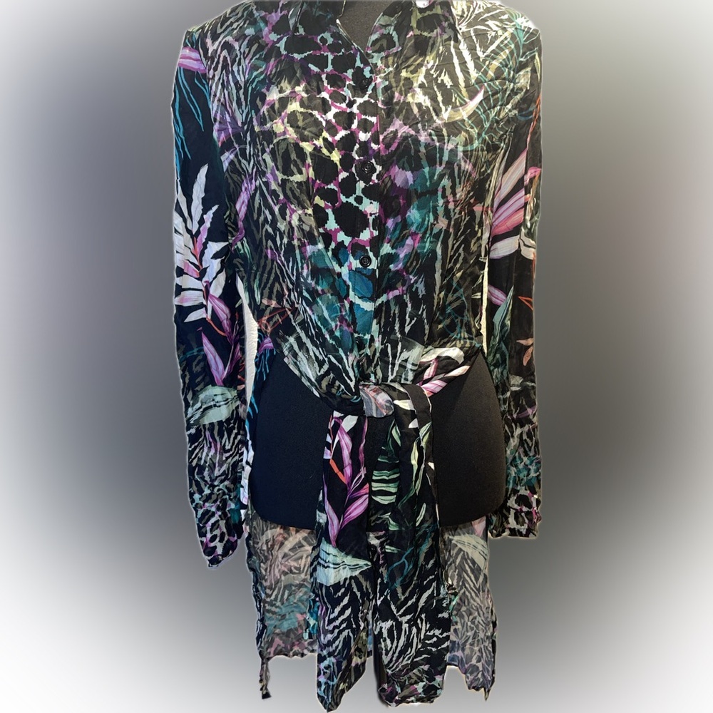 NEW Carmen Marc Valvo Organic Bloom Tie-Front Shirt Cover-Up, SMALL